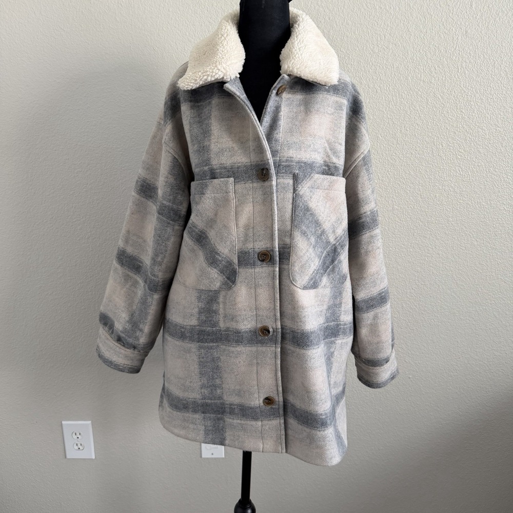 Lucky Women's Medium Plaid Barn Coat Sherpa Collar Longline Jacket Western